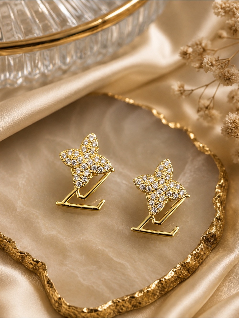 Gold Crystal Flower Stud Earrings